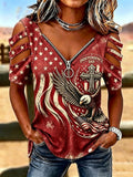 Female Casual Hollowed Out Patriotic T-Shirt