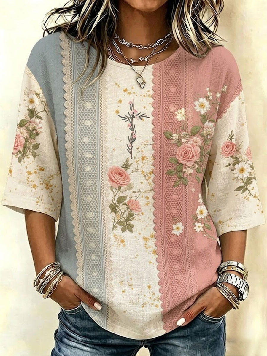 Women'S Casual Cotton Linen Faith Print Top