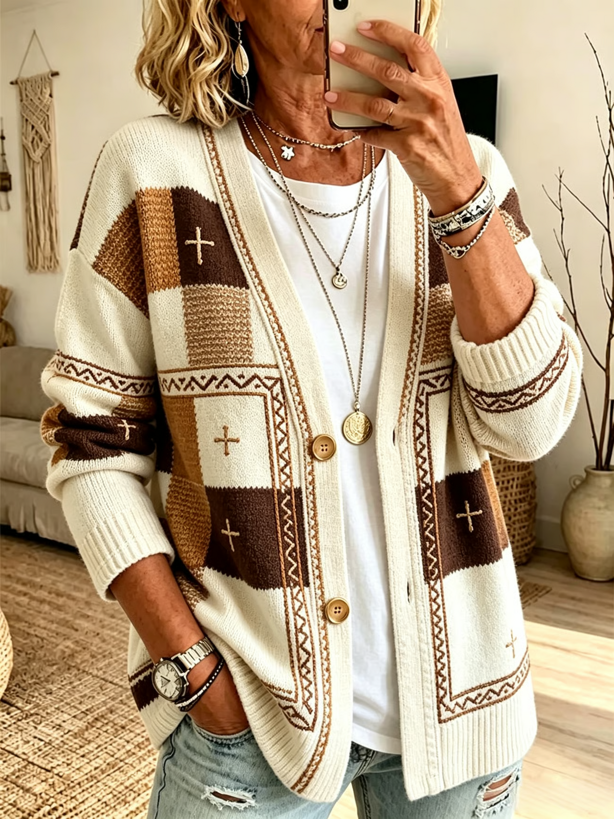 Women's Retro Faith Cross Printed Cardigan