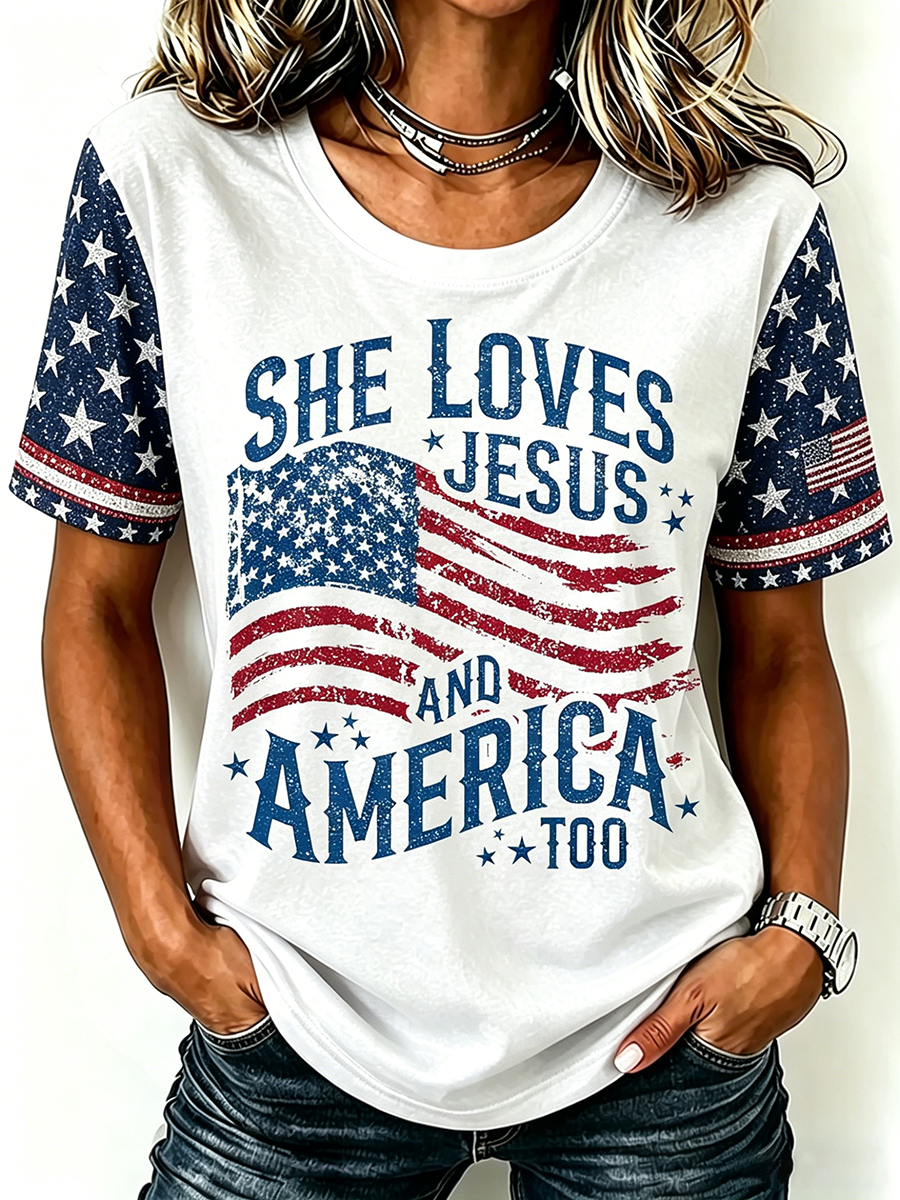 American Flag Jesus Faith Glitter Commemorative Print Round Neck T-Shirt