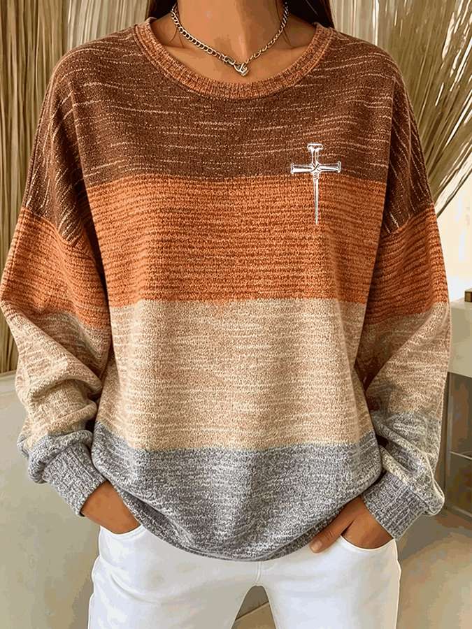 Women'S Casual Gradient Faith Cross Printing Knitted Sweatshirt