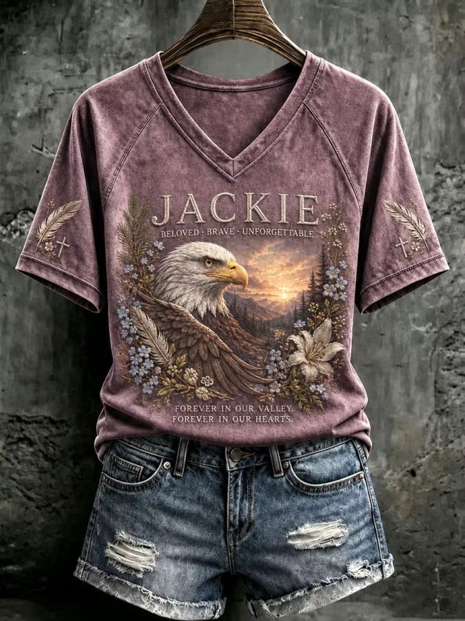 Women’S Jackie Bald Eagle Floral Memorial V-Neck Short-Sleeve Top