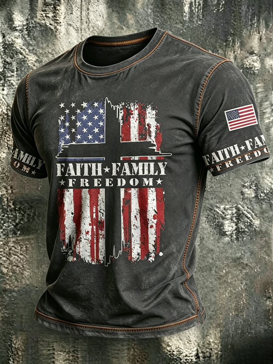 Faith Jesus Cross Embroidered Printed Casual Round Neck T-Shirt