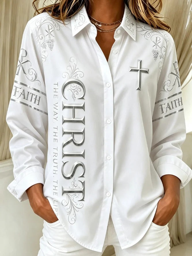 Christ Cross Collar Button Up Long Sleeved Shirt