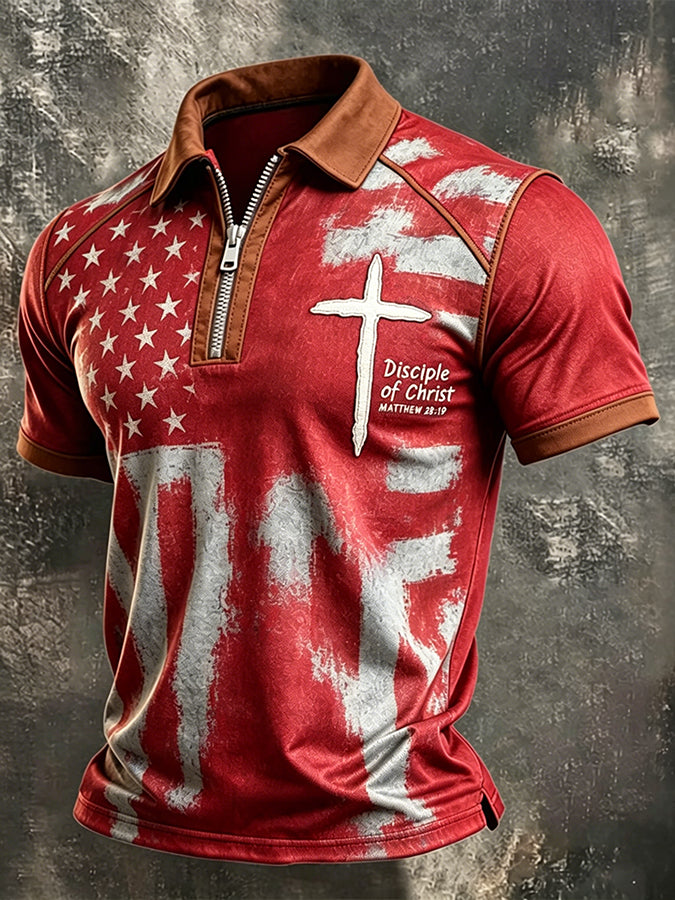 Disciple Of Christ Matthew 28:19 USA Flag Christian Zip Polo Shirt