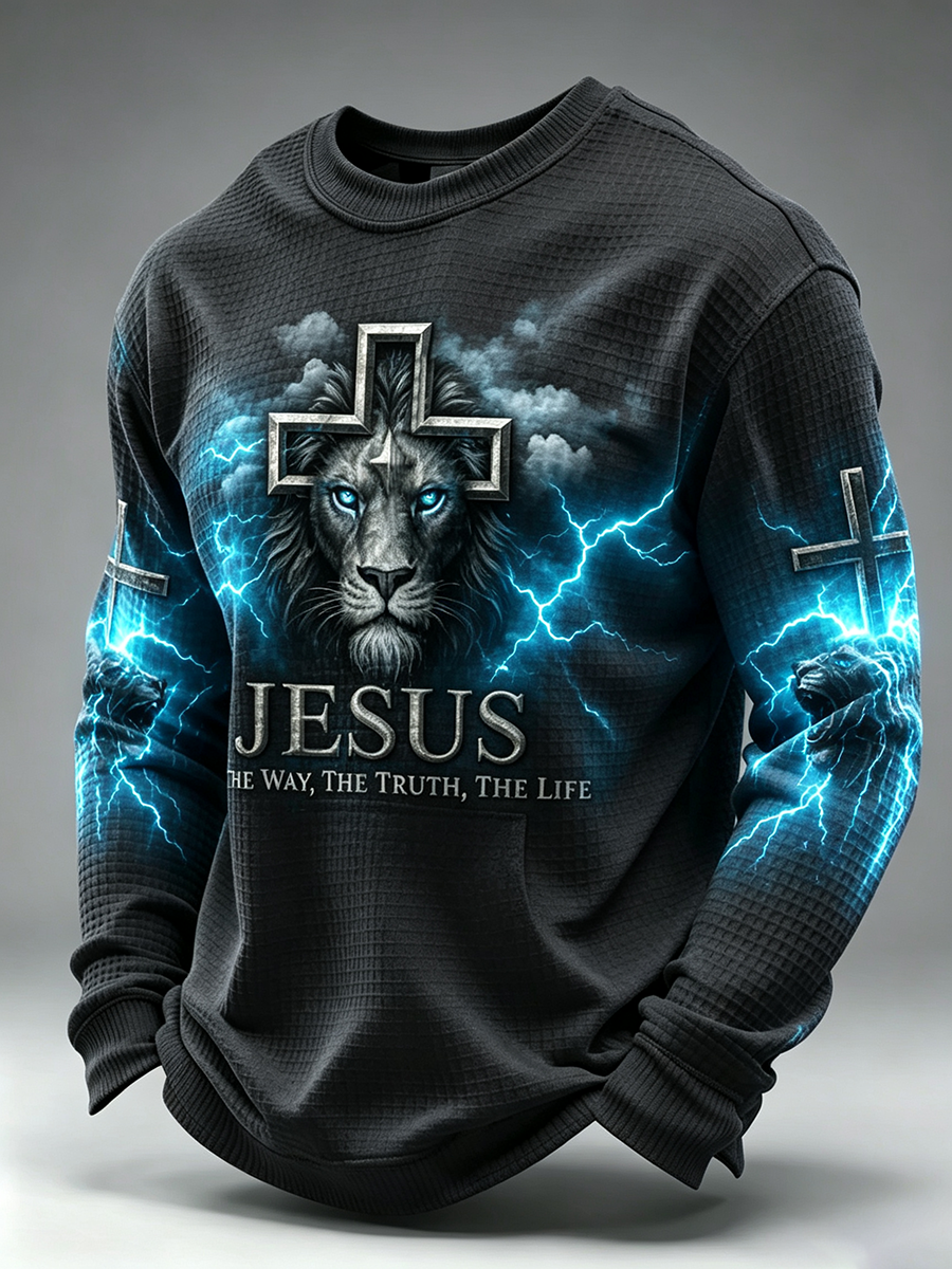 Religious Belief Cross Print Waffle Long Sleeved Shirt