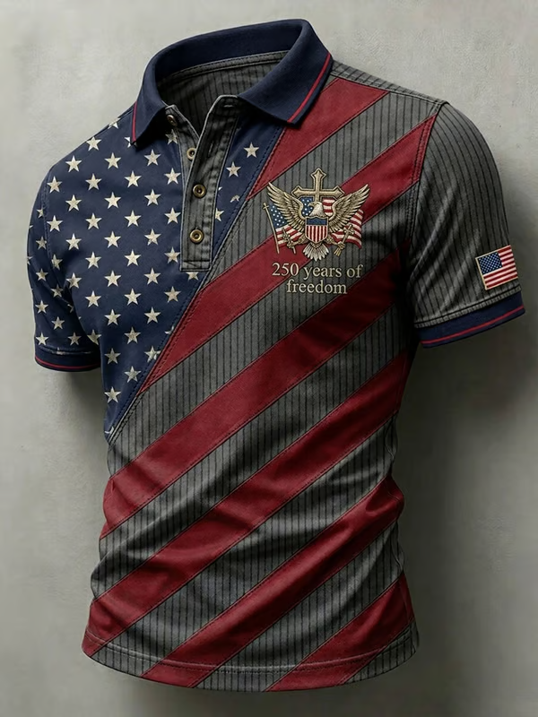 Men'S American Flag Print Casual Polo Shirt
