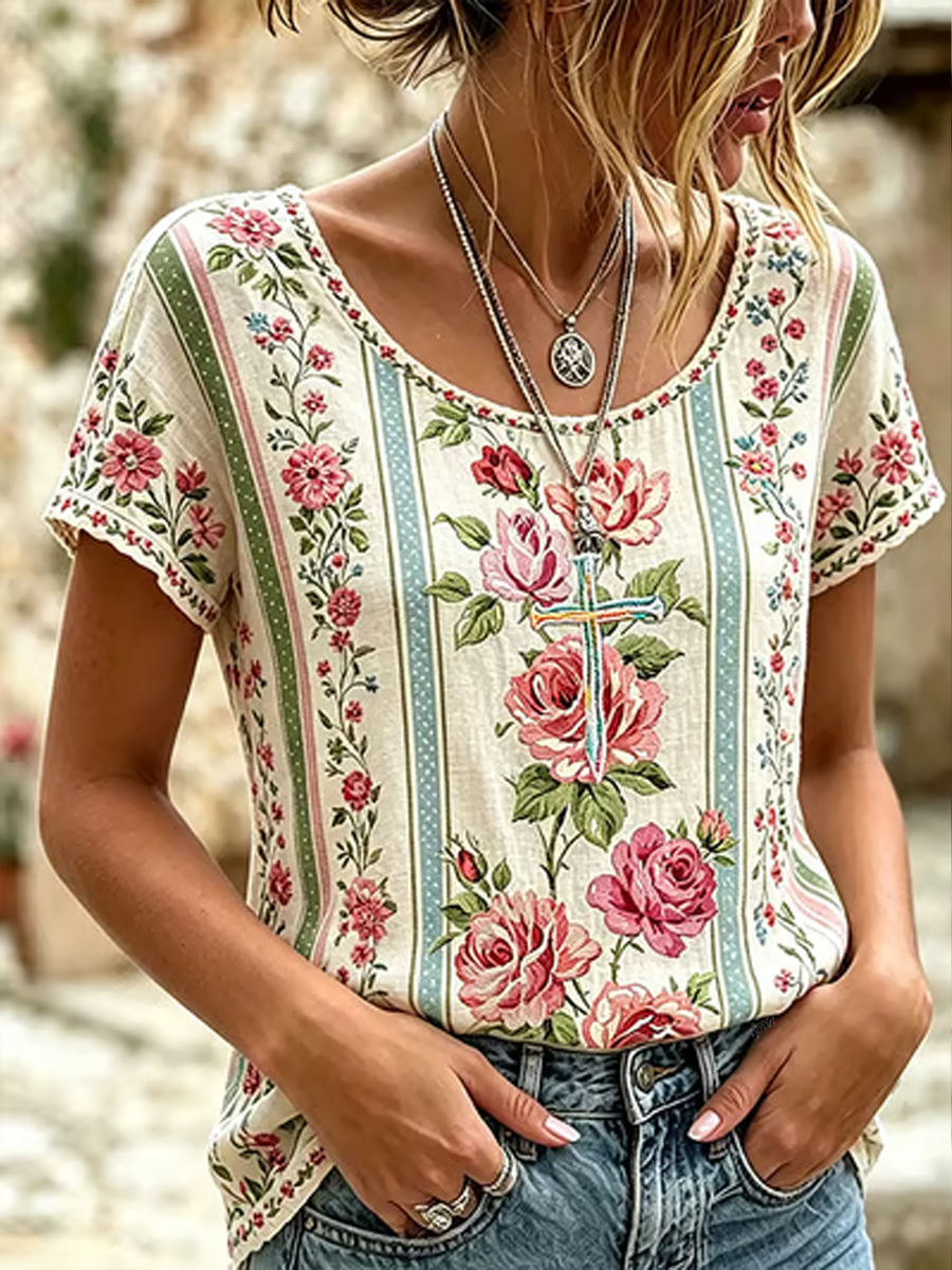 Women'S Cotton-Linen Printed T-Shirt