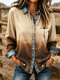 Women's retro patch denim collar long sleeved shirt