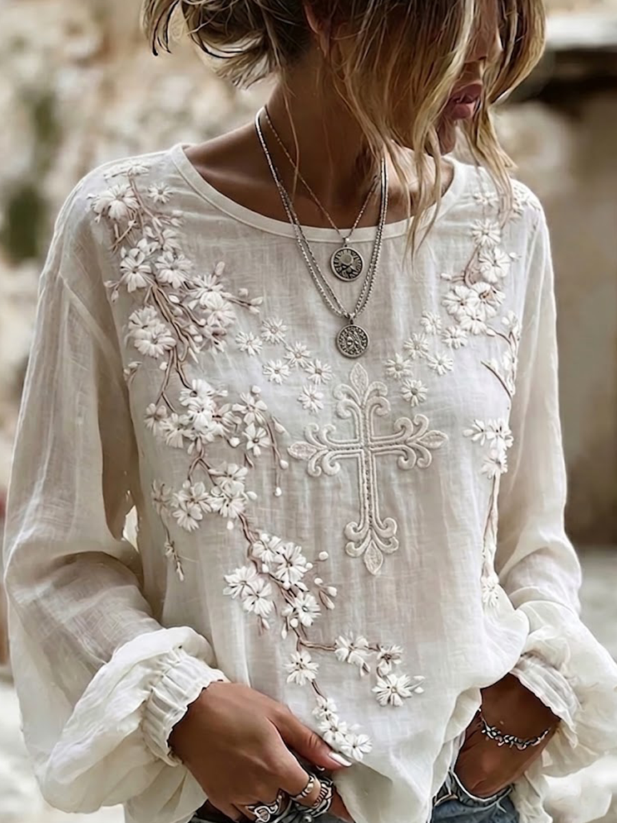 Women'S Casual Floral Faith Print Cotton Linen Top