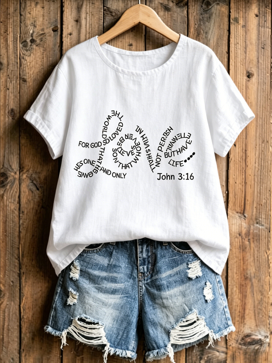 Women's Faith Art Printed Cotton And Linen Round Neck Top