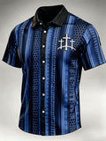 Men's Three Cross Embroidery Vertical Stripe Honeycomb Short Sleeve Button Shirt
