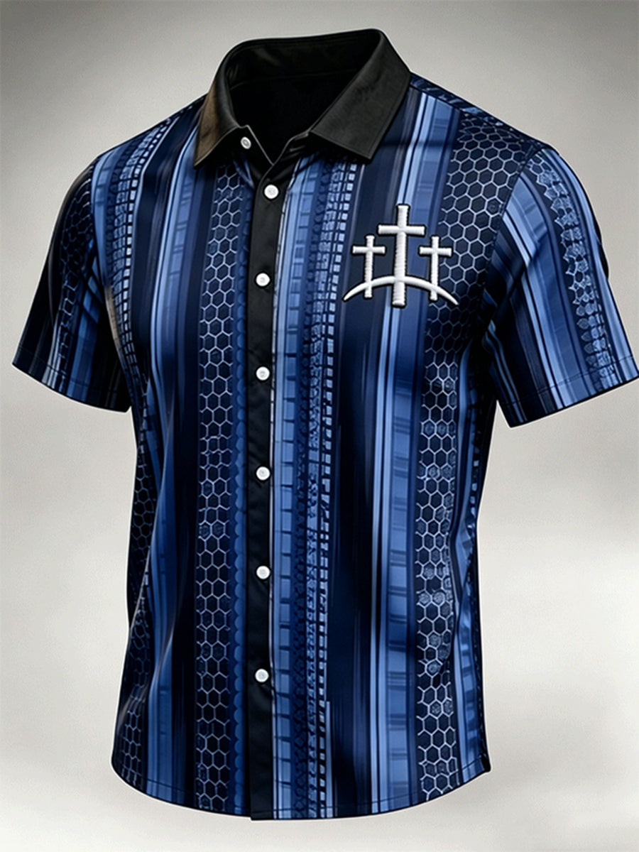 Men's Three Cross Embroidery Vertical Stripe Honeycomb Short Sleeve Button Shirt