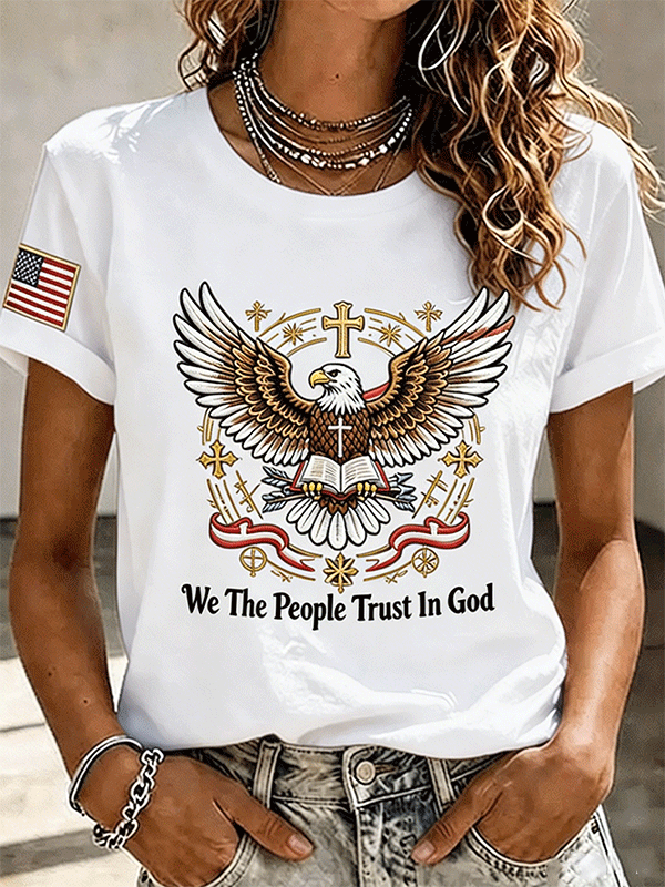 Women's We The People Trust In God Eagle Cross Bible USA Flag Sleeve Patch Casual Short Sleeve Crew Neck T-Shirt