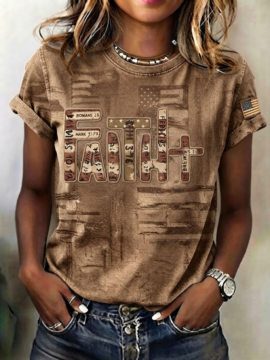 Ladies' Casual Round Neck American 250Th Anniversary Cross Print T-Shirt