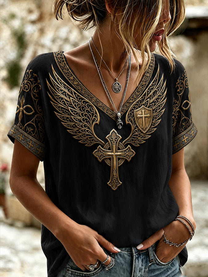 Women's Religious Beliefs Retro Design Vacation V-neck Top