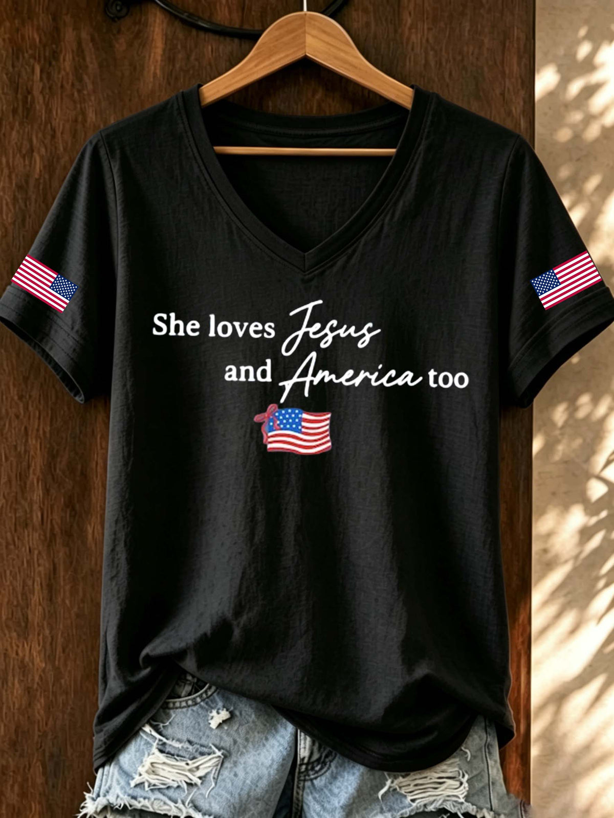 Women'S 250Th Anniversary American Flag Jesus Casual Print V-Neck T-Shirt