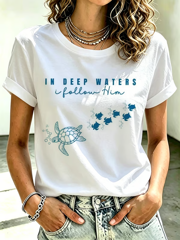Women's Beach Vacation And Leisure Sea Turtle In Deep Waters I Follow Him Faith Printed T-Shirt