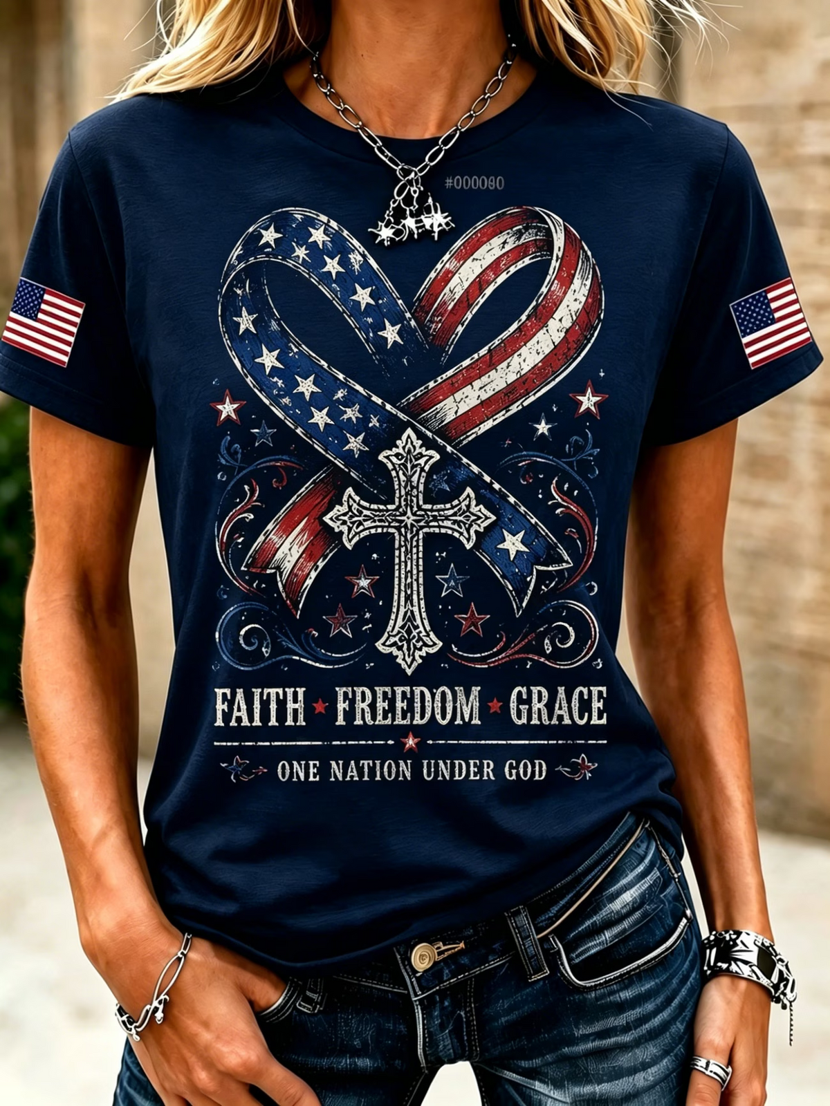 American Flag Faith Cross Commemorative Print Round Neck T-Shirt