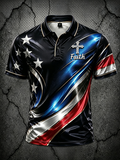 Men's Faith Cross American Flag Patriotic Print Polo Shirt