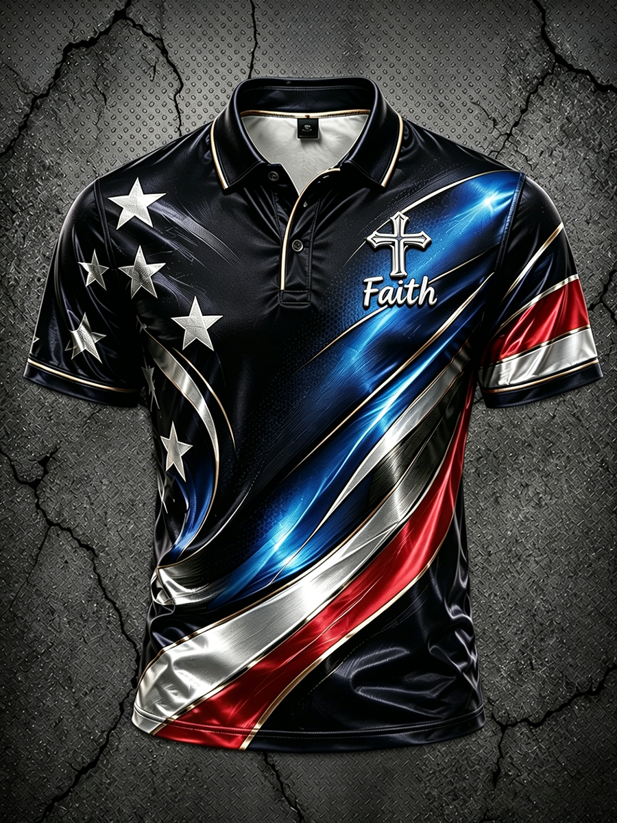 Men's Faith Cross American Flag Patriotic Print Polo Shirt