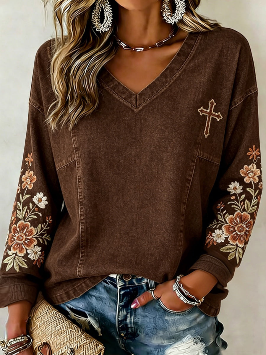 Retro Faith Floral Art Women's Long-Sleeve V-Neck T-Shirt