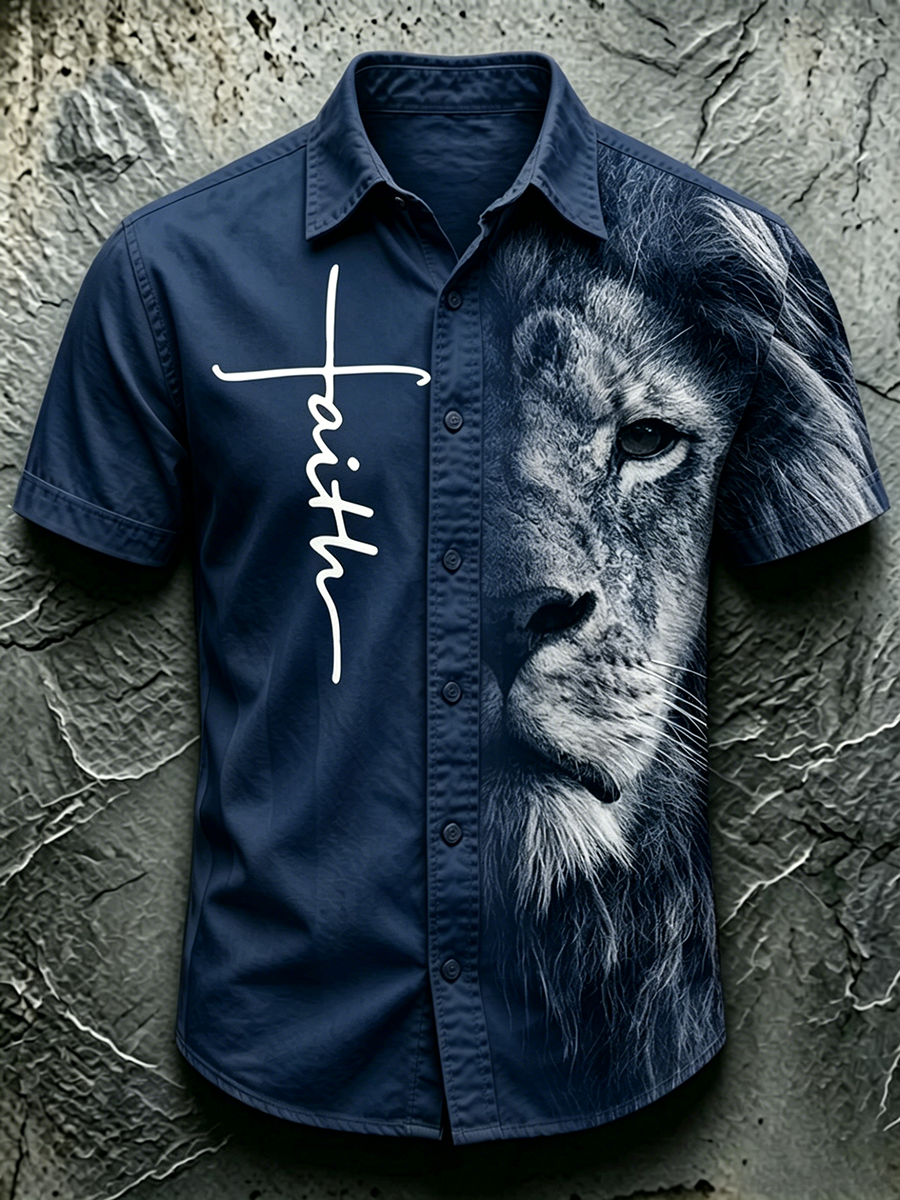 Faith Cross Lion Printed Collar Top