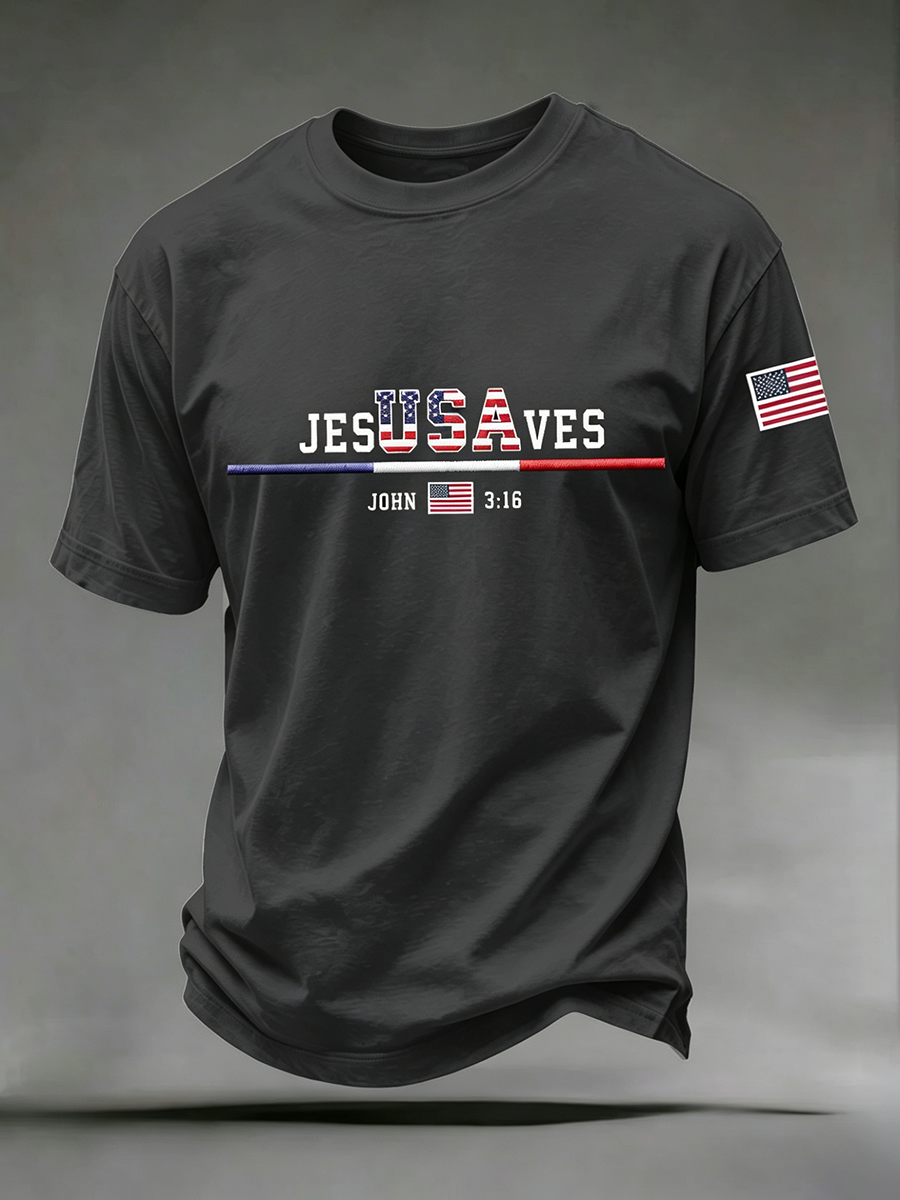 Faith Jesus Cross Embroidered Printed Casual Round Neck T-Shirt