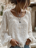 Cotton Linen Flower Embroidery Faith Cross Print Long Sleeve Round Neck T-Shirt