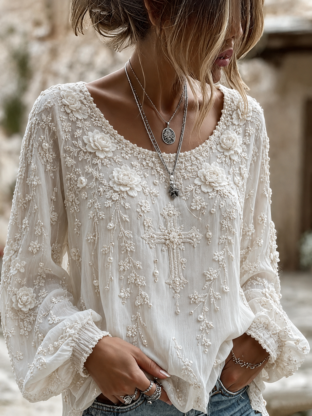 Cotton Linen Flower Embroidery Faith Cross Print Long Sleeve Round Neck T-Shirt