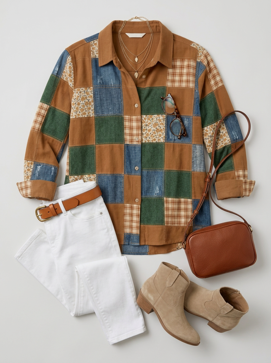 Women's Autumn Aesthetic Patchwork Floral Plaid Printed Shirt