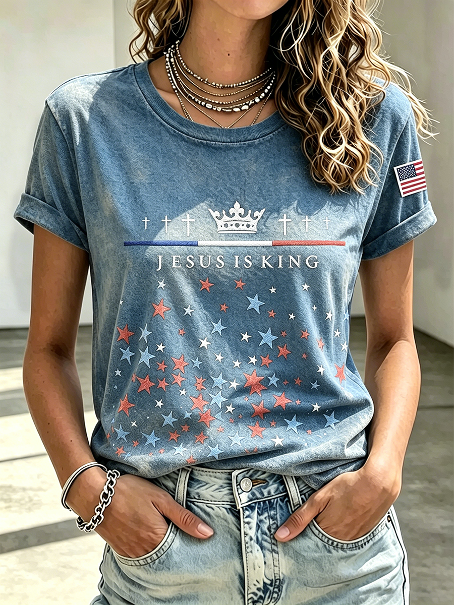Faith Cross Embroidered Print Commemorative Print Round Neck Top