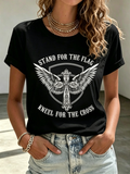 Women's America's 250th Anniversary Stand For The Flag Kneel For The Cross Faith Christian Cross Print T-Shirt