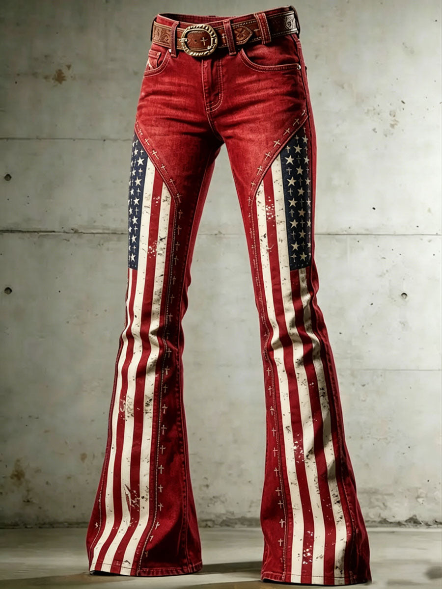 Ladies' American Flag Pattern Cross Printed Trumpet Pants