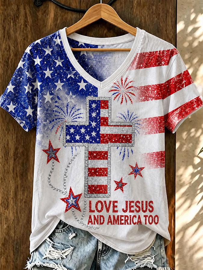 Women'S Love Jesus And America Too Print Printed T-Shirt