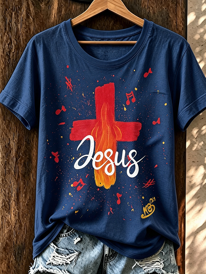 Female Jesus Cross Round Neck T-Shirt