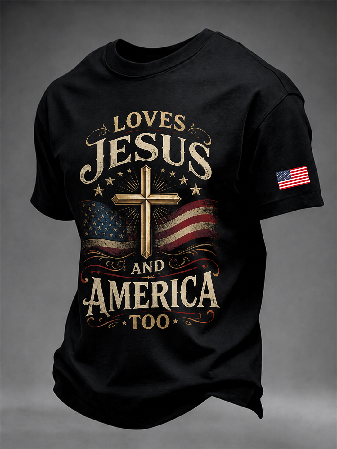 Men's Loves Jesus And America Too Printed Crew Neck Tee