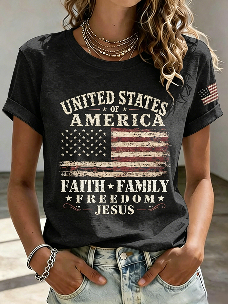 American Flag Jesus Faith Commemorative Print Round Neck T-Shirt