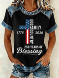 USA Flag Cross Print Denim Spliced Short Sleeve Printed T-shirt