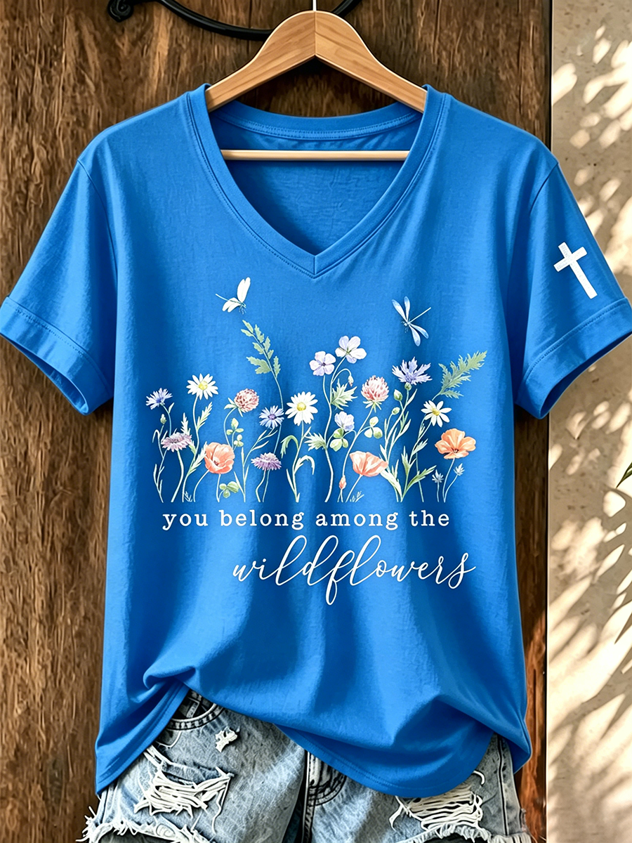 Faith In Jesus Slogan Commemorative Print V-Neck T-Shirt