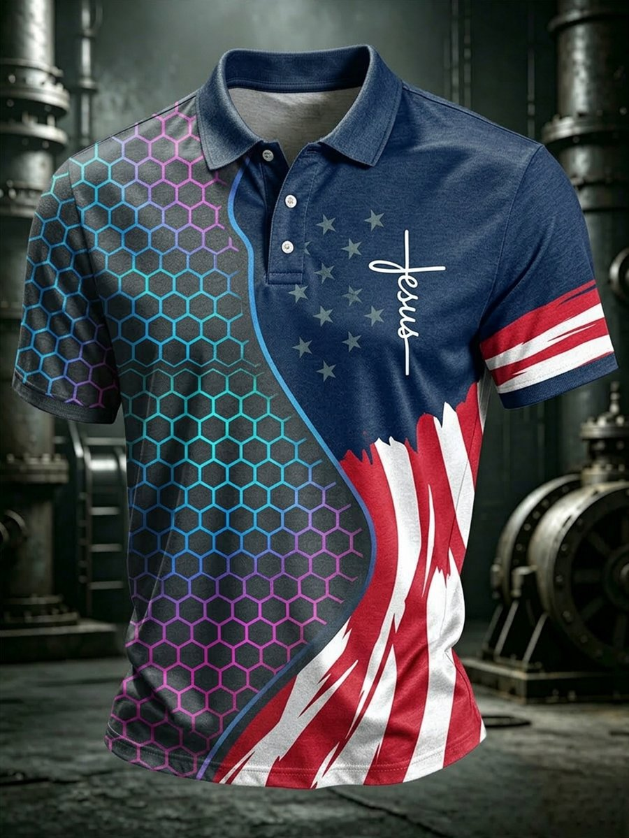 Men's American Flag Faith Art Short-Sleeve Polo Shirt