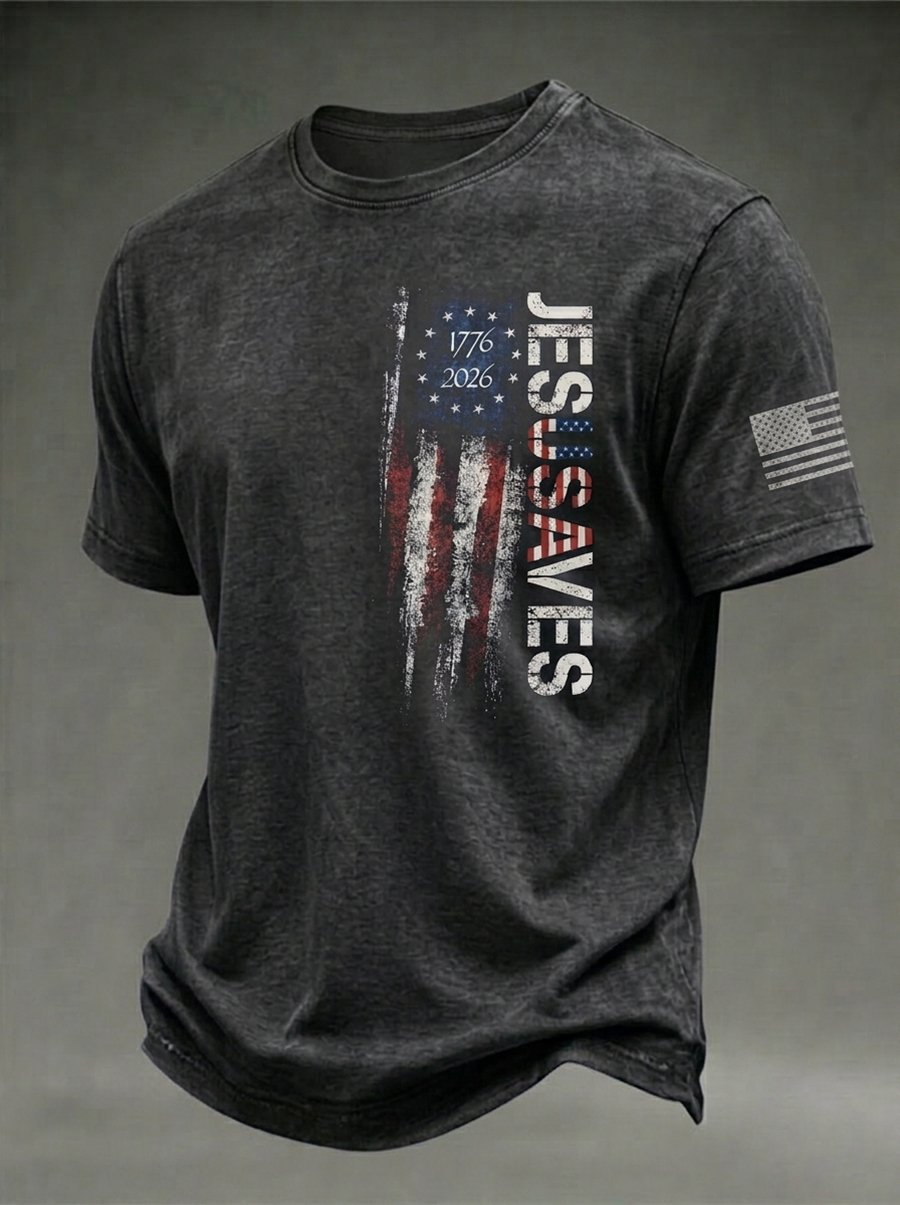 Men's Jesus Saves American Flag Print Short-Sleeved T-Shirt