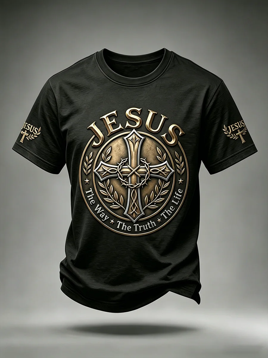 Men's Christian Jesus The Way The Truth The Life Cross Print Short Sleeve T-shirt