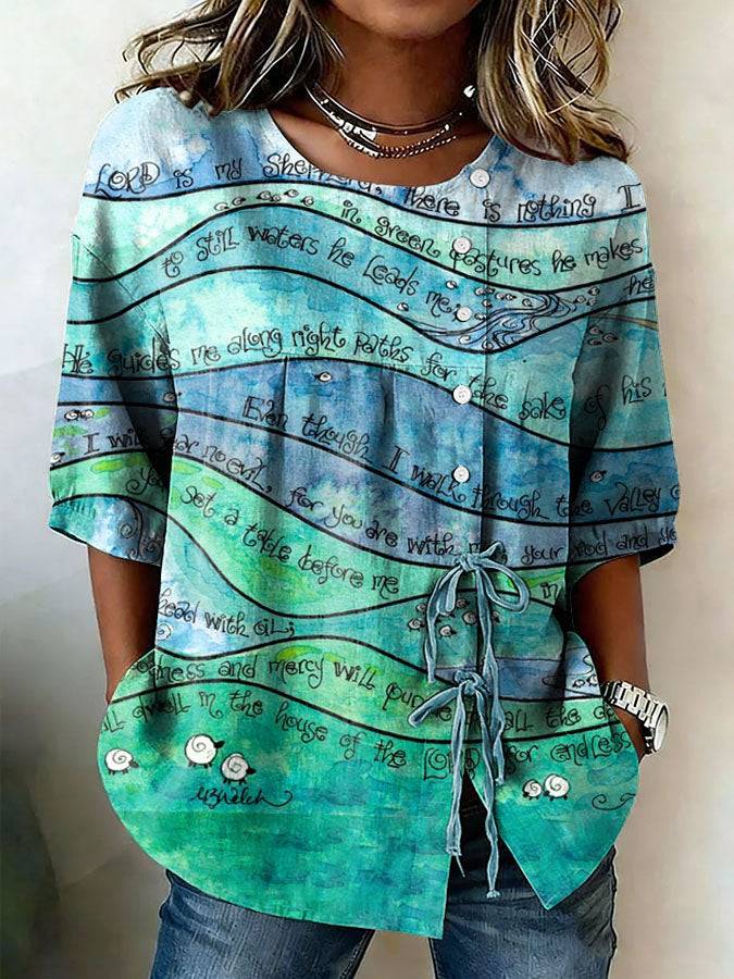 Women's Psalm 23 Whimsical Scripture Art Printed Cotton and Linen Top
