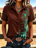 Women'S Retro Western Style Printed Short Sleeved Shirt