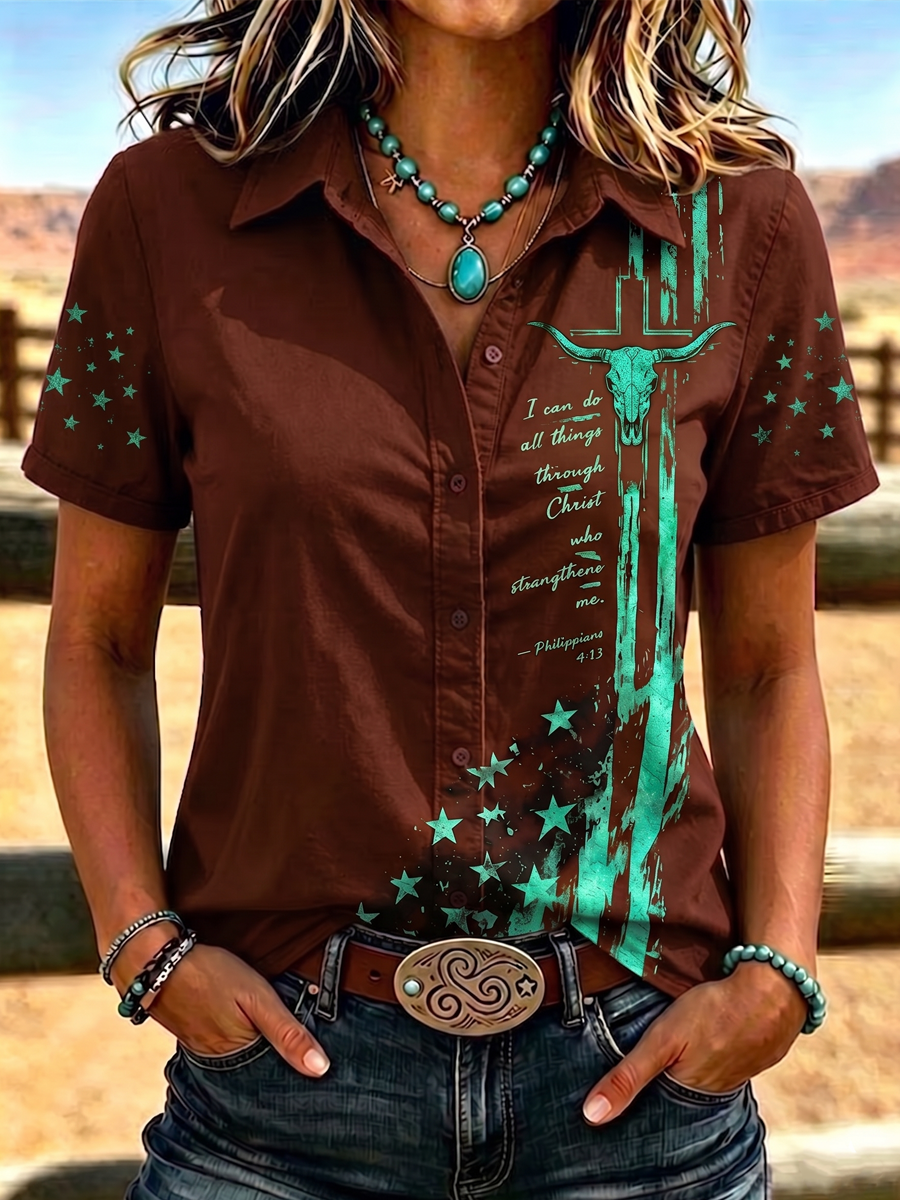 Women'S Retro Western Style Printed Short Sleeved Shirt