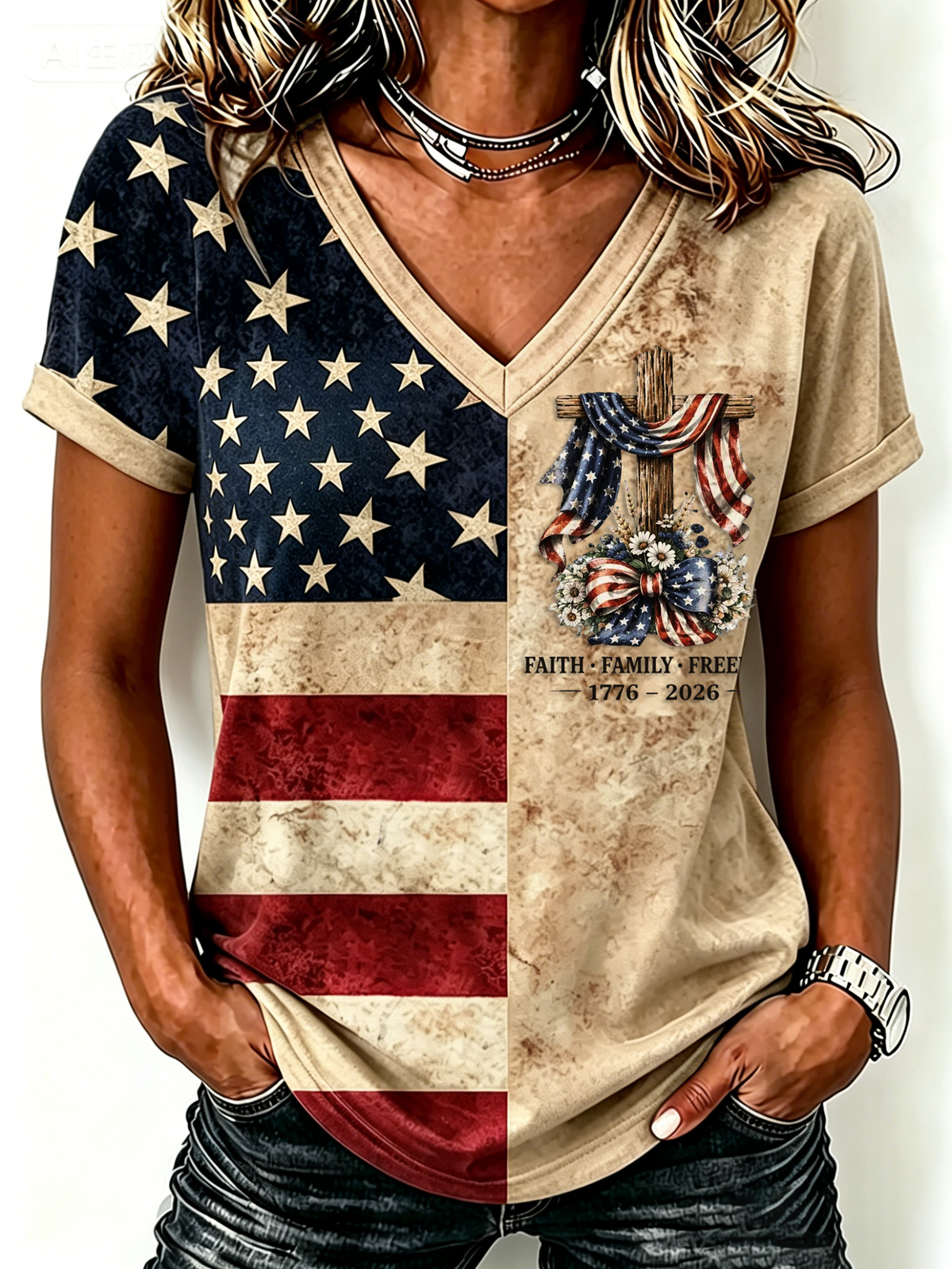 Women'S America Flag Print Casual V-Neck T-Shirt
