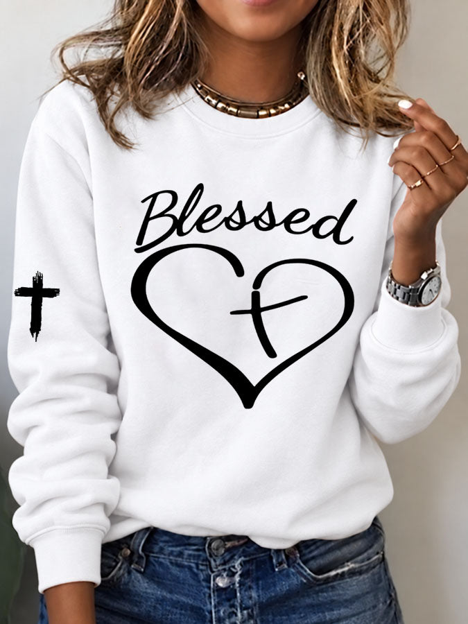 Women's Blessed Heart Cross Printed Sweatshirt