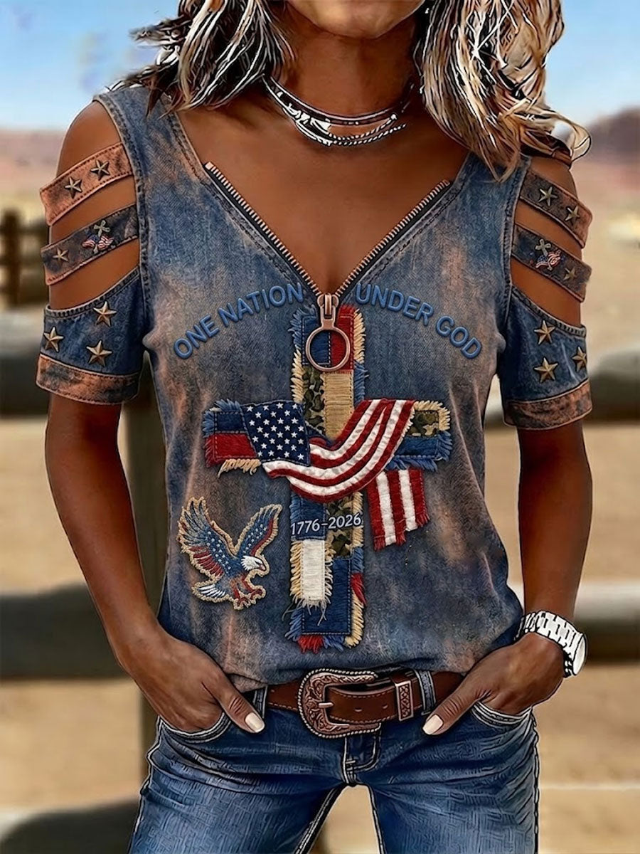 Female Casual Hollowed Out Patriotic T-Shirt