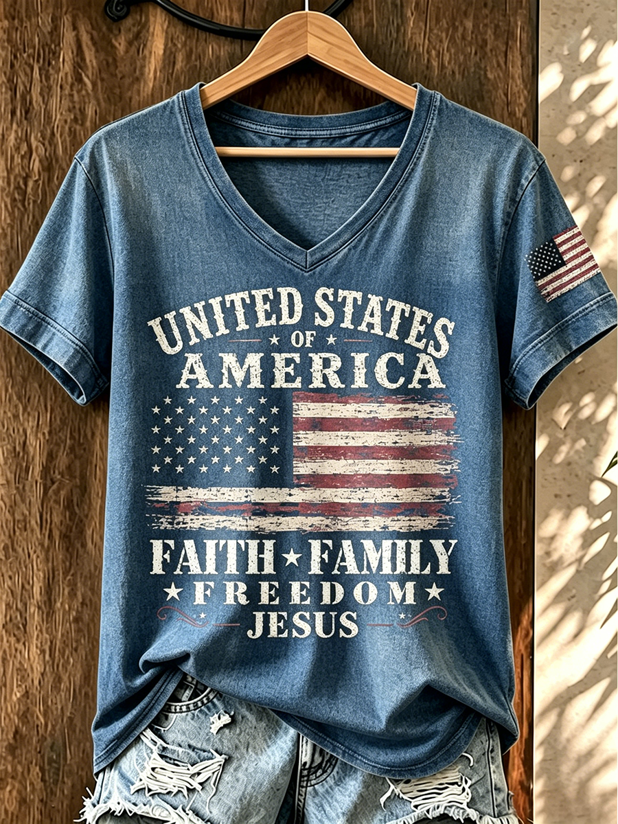 American Faith Jesus Commemorative Print V-Neck Top